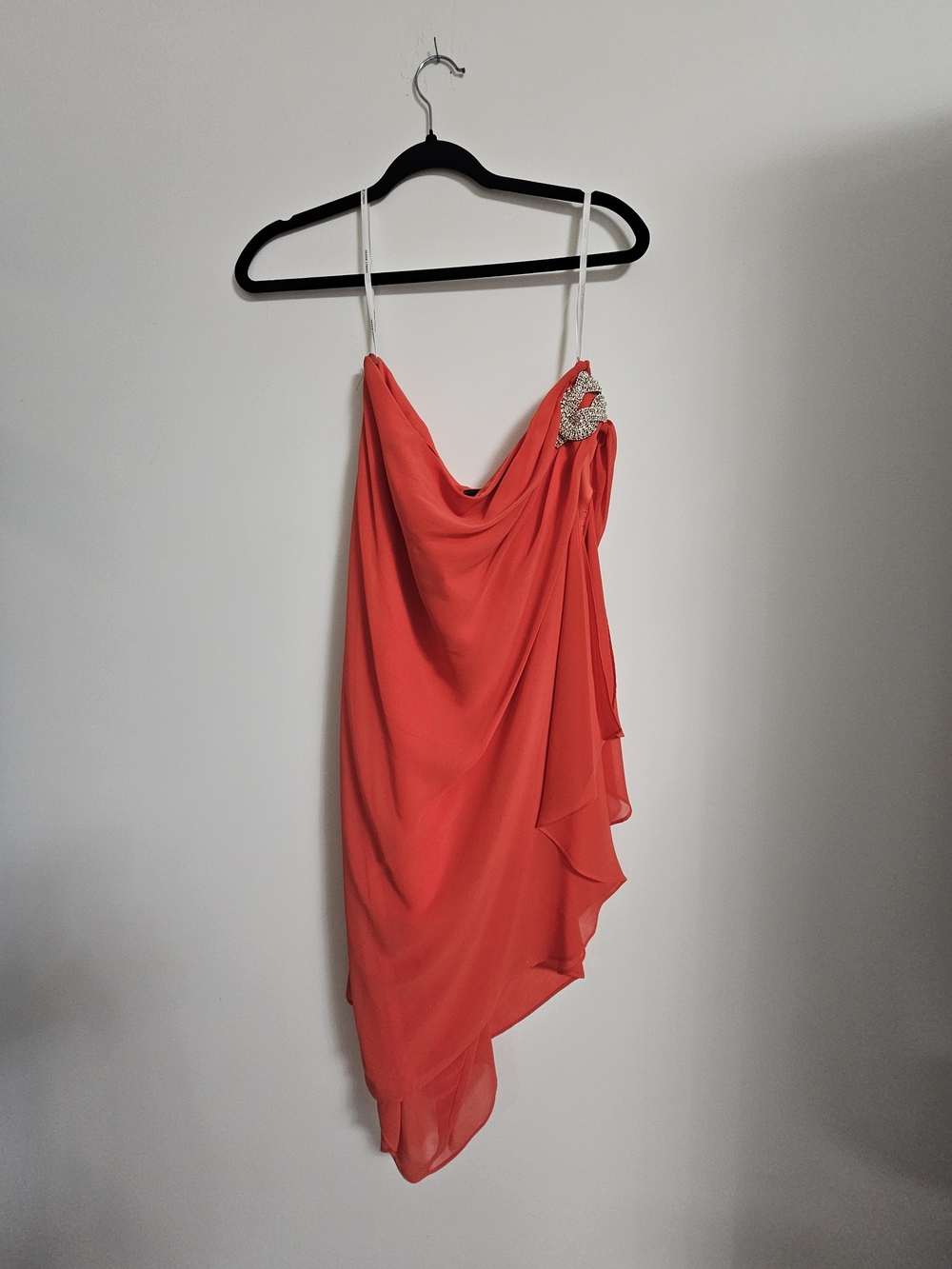 Red Draped Asymmetric Evening Dress with Embellished Detail